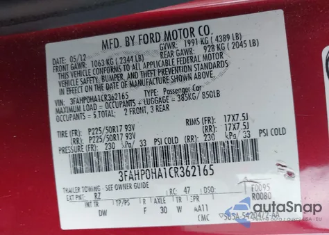 2012 Ford Fusion Se z USA, uszkodzony, nr VIN 3FAHP0HA1CR362165